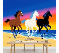 Kuletkear Dessin Animé Animal Cheval Papier peint photo grand Vue Sur La Plage format autocollant mural imperméable pour chambre d'enfant chambre de fille décoration de fête mariage cadeau 200x140cm