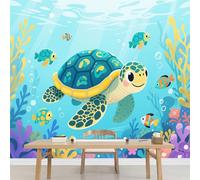 Kuletkear Dessin Animé De Tortue De Mer Papier peint photo grand Poisson Corail format autocollant mural imperméable pour chambre d'enfant chambre de fille décoration de fête mariage cadeau 300x208cm