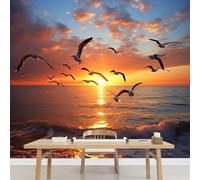 Kuletkear Oiseau Mouette Papier peint photo grand Coucher De Soleil En Mer format autocollant mural imperméable pour chambre d'enfant chambre de fille décoration de fête mariage cadeau 200x140cm