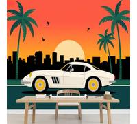 Kuletkear Voiture Palmier Papier peint photo 3D Bâtiment Bird City amovible pour chambre d'enfant chambre d'adolescente salon stickers muraux chambre d'enfant 249x175cm