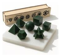 KULIA Coffret Solides de Platon 7 pièces Géométrie Sacrée Boîte en Bois Plaque de Sélénite Sculptée à la Main Coffret de Rangement Décoratif Feng Shui Jade Vert Pierre Platonique Porte-bonheur Pierre