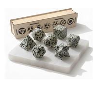 KULIA Coffret Solides de Platon 7 pièces Géométrie Sacrée Boîte en Bois Plaque de Sélénite Sculptée à la Main Coffret de Rangement Décoratif Feng Shui Pierre Platonique Dalmatienne Cristal