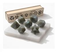 KULIA Coffret Solides de Platon 7 pièces Géométrie Sacrée Boîte en Bois Sculptée à la Main Coffret de Rangement Décoratif Feng Shui Plaque de Sélénite Pierre Platonique de Labradorite Coffret