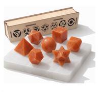 KULIA Coffret Solides de Platon 7 pièces Géométrie Sacrée Boîte en Bois Sculptée à la Main Coffret Décoratif Feng Shui Plaque de Sélénite Cristal d'Aventurine Rouge Porte-bonheur Cadeaux Chakra