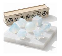 KULIA Coffret Solides de Platon 7 pièces Géométrie Sacrée Coffret en Bois Plaque de Sélénite Sculptée à la Main Coffret Décoratif Opalite Feng Shui Pierre Platonique Cristal Porte-bonheur Pierre