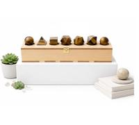 KULIA® Ensemble de 7 solides de Platon en œil-de-tigre - Formes géométriques sacrées, boîte de rangement sculptée à la main, cadeau spirituel/Feng Shui.