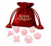 KULIA Ensemble de 7 solides de Platon en quartz rose Géométrie sacrée pour les chakras Symboles Reiki et pierres roulées sculptés à la main Livré avec une pochette en velours rouge Idée cadeau