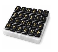 KULIA® Ensemble de runes en cristal avec 1 plaque de sélénite 25 pierres de cristal d'agate noire gravées symboles Reiki runes de l'alphabet ancien gravées idéal pour les débutants décoration