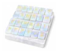 KULIA® Ensemble de runes en cristal avec 1 plaque de sélénite 25 pierres de cristal d'opalite gravées pierres de symboles Reiki gravées de runes de l'ancien Futhark pour débutants décoration