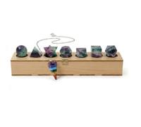 KULIA® Ensemble de Solides de Platon en Pierres de Géométrie Sacrée avec Pendule des Chakras Coffret Feng Shui de 7 Pierres Roulées en Fluorite dans une Boîte en Bois Symboles Reiki Cadeau pour Elle