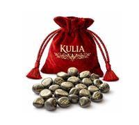 KULIA Gold Pyrite Crystal Ensemble de 25 runes avec pochette en velours - Pierres runiques Elder Futhark pour les Chakras, sculptées à la main - Pierres précieuses et cristaux pour le Reiki