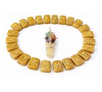 KULIA® Jeu de 25 Pierres Runiques en CristalAlphabet Futhark Ancien avec PendentifSymboles ReikiRunes en Aventurine Jaune pour DébutantsÉquilibrage des ChakrasEnsemble Artisanal