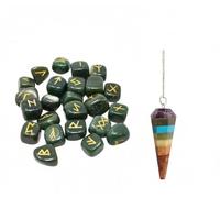 KULIA Lot de 25 runes alphabet pour débutants porte-bonheur rune de jade verte symbole Reiki pierre de guérison équilibrage des chakras kit de sorcellerie pendule en cristal artisanal.