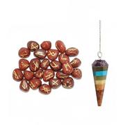 KULIA Lot de 25 runes alphabet pour débutants porte-bonheur rune de jaspe rouge symbole Reiki pierre de guérison équilibrage des chakras kit de sorcellerie pendule en cristal artisanal.