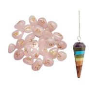 KULIA Lot de 25 runes alphabet pour débutants porte-bonheur rune de quartz rose symbole Reiki pierre de guérison équilibrage des chakras kit de sorcellerie pendule en cristal artisanal.