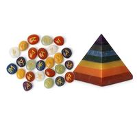 KULIA Lot de 25 runes, décoration spirituelle Feng Shui, pyramide en cristal avec runes, pierre des sept chakras, porte-bonheur, kit de sorcellerie, tour Reiki artisanale.
