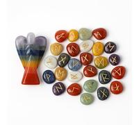 KULIA Lot de 25 runes Feng Shui, ange de poche avec runes, pierre de méditation des sept chakras, porte-bonheur, kit de sorcellerie, statue en cristal artisanale, décoration religieuse.