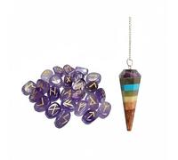 KULIA Lot de 25 runes pour débutants porte-bonheur améthyste symbole Reiki pierre de guérison équilibrage des chakras kit de sorcellerie pendule en cristal artisanal.