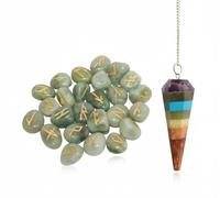 KULIA Lot de 25 runes pour débutants porte-bonheur aventurine verte symbole Reiki pierre de guérison équilibrage des chakras kit de sorcellerie pendule en cristal artisanal.
