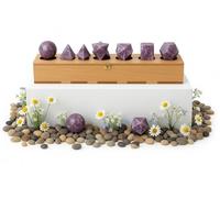 KULIA® Pierres des Solides de Platon (lot de 7) avec coffret « Géométrie Sacrée » Boîte de rangement en bois sculptée à la main Ensemble de cristaux et pierres Reiki (Lépidolite) Décoration