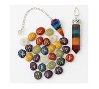 KULIA Runes Set de 25 pièces Sept pierres de chakra Runes Feng Shui pour débutants Porte-bonheur Pierre de guérison Équilibrage des chakras Kit de sorcellerie Pendentif pendule en cristal artisanal