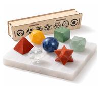 KULIA Solides de Platon coffret de 7 pièces ensemble de géométrie sacrée en bois sculpté à la main boîte décorative Feng Shui plaque de sélénite ensemble de cristaux des sept chakras porte-bonheur