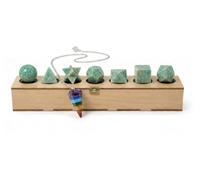 KULIA® Solides de Platon et Géométrie Sacrée avec pendule des Chakras Coffret Feng Shui de 7 pierres roulées en Amazonite dans une boîte en bois symboles Reiki Cadeau religieux
