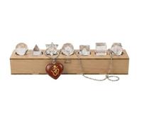 KULIA® Solides Platoniques 7 Pierres de Quartz Clair de Formes Différentes avec Coffret Géométrie Sacrée Coffret en Bois Sculpté à la Main Pendentif Jaspe Rouge Feng Shui Pierre Chakra Cadeau Indien