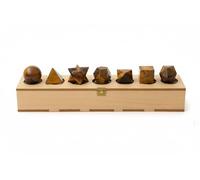 KULIA Solides Platoniques Coffret de 7 pièces Géométrie Sacrée Coffret décoratif en bois Pierre de guérison œil de tigre sculpté Équilibrage des chakras Porte-bonheur Pierre platonique Cadeaux