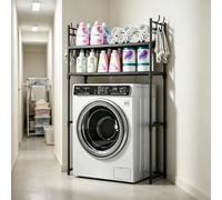 kumamart Étagère Lave-Linge 2 Niveaux avec Crochets, Meuble Rangement Métal | Rangement robuste 2 niveaux pour lave-linge avec crochets et 89cm de dégagement inférieur.(Black)