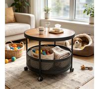 kumamart Table d'Appoint Ronde avec Panier de Rangement, Table Basse Mobile | Table basse ronde 2 niveaux avec panier de rangement inférieur et cadre en fer forgé.
