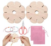 Kumihimo - Lot de 2 disques tressés - 8 fentes - Pour bracelets ronds - Étoile à nouer - Perles en bois avec 1 paire de ciseaux et 2 sacs de rangement roses - Pour bricolage, bracelets, anniversaires