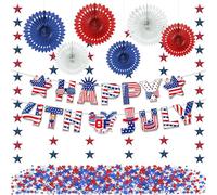 Kumikumi Ensemble de décorations du 4 juillet, bannière patriotique avec éventails en papier rouge, blanc et bleu, guirlande d'étoiles et pompons en tissu, décoration de fête de l'indépendance