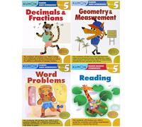 Kumon Grade 5 Math & Reading Workbooks 4-Book Bundle Set (Decimals & Fractions, Geometry & Measurement, Word Problems, Reading)