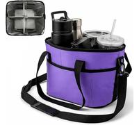 kumosaka Insulated Drink Carrier Bag for 4 Cups, Family Size 4 Compartment Drink Bag, Water Bottle Holder with Adjustable Strap, Drink Caddy Tote for Coffee, Travel, Outings(Purple)