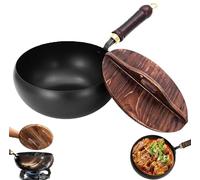 kumosaka Japanese Cast Iron Wok Pan, Uncoated Thick Iron Pot, Non-Stick Cast Irons Wok with Lid, High Purity Irons Frying Pan for Cooking(Wood Lid,24cm/9.5inch)