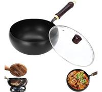 kumosaka Japanese Cast Iron Wok Pan, Uncoated Thick Iron Pot, Non-Stick Cast Irons Wok with Lid, High Purity Irons Frying Pan for Cooking(Glass Lid,24cm/9.5inch)