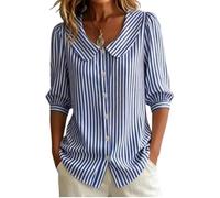 kumosaka Women's Retro Peter Pan Collar Striped Cotton Linen Shirt, Womens Button Down Shirts Plus Size Loose Casual Cute Blouse(Blue,X-Large)