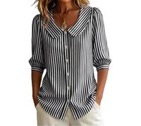 kumosaka Women's Retro Peter Pan Collar Striped Cotton Linen Shirt, Womens Button Down Shirts Plus Size Loose Casual Cute Blouse(Black,X-Large)