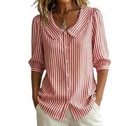 kumosaka Women's Retro Peter Pan Collar Striped Cotton Linen Shirt, Womens Button Down Shirts Plus Size Loose Casual Cute Blouse(Red,L)