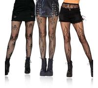 KUMSODE 3 Paires Halloween Bas Resille Collant Résille Noir Collants Bas Résille, Sexy Extensible Dentelle Bas Résille motifs Fleurs pour Costumes d'Halloween