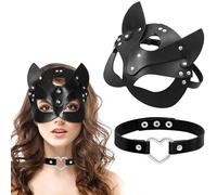 KUMSODE Ensemble Masque Catwoman Et Tour de Cou, Masque Sexy Cat Woman Masque Chat Cosplay Noir PU Masque de Chat en Cuir Masque de Mascarade Demi-Masque pour Halloween Cosplay