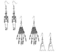 KUMSODE Lot de 3 paires de boucles d'oreilles punk d'Halloween pour femme, motif main fantôme, squelette, tête de mort, bijoux d'Halloween, cadeau, accessoires de costume