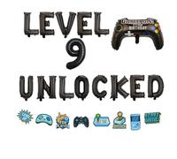 KUNGOON Bannière de ballons pour 9e anniversaire de jeu vidéo, lettres de 40,6 cm, thème débloqué niveau 9 avec manette de jeu, décorations de fête pour jeux vidéo (9e)