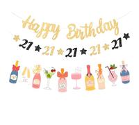 KUNGOON Ensemble de décorations de fête d'anniversaire pour 21e anniversaire, bannière en papier noir et doré avec motif bouteille de champagne, fournitures de fête d'anniversaire pour femmes