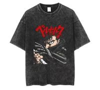 KUNIIS Berserk Anime Graphic T-Shirt, Vintage Washed Cotton, Black, Short Sleeve, S-3XL (Black-10,M)