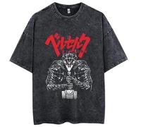 KUNIIS Berserk Anime Graphic T-Shirt, Vintage Washed Cotton, Black, Short Sleeve, S-3XL (Black-13,TG)
