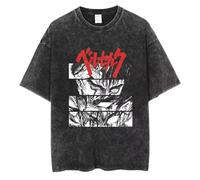 KUNIIS Berserk Anime Graphic T-Shirt, Vintage Washed Cotton, Black, Short Sleeve, S-3XL (Black-3,Grand)
