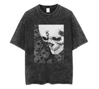 KUNIIS Vintage Washed Skull Graphic T-Shirt, Black Stone Wash, Gothic Design, S-3XL (TG)