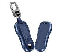 KUNIO Coque de clé Compatible avec Porsche 911 971 9YA Macan Panamera Boxster Taycan Cayenne Carrera en Alliage d'aluminium en Cuir pour clé de Voiture 3 Boutons Bleu